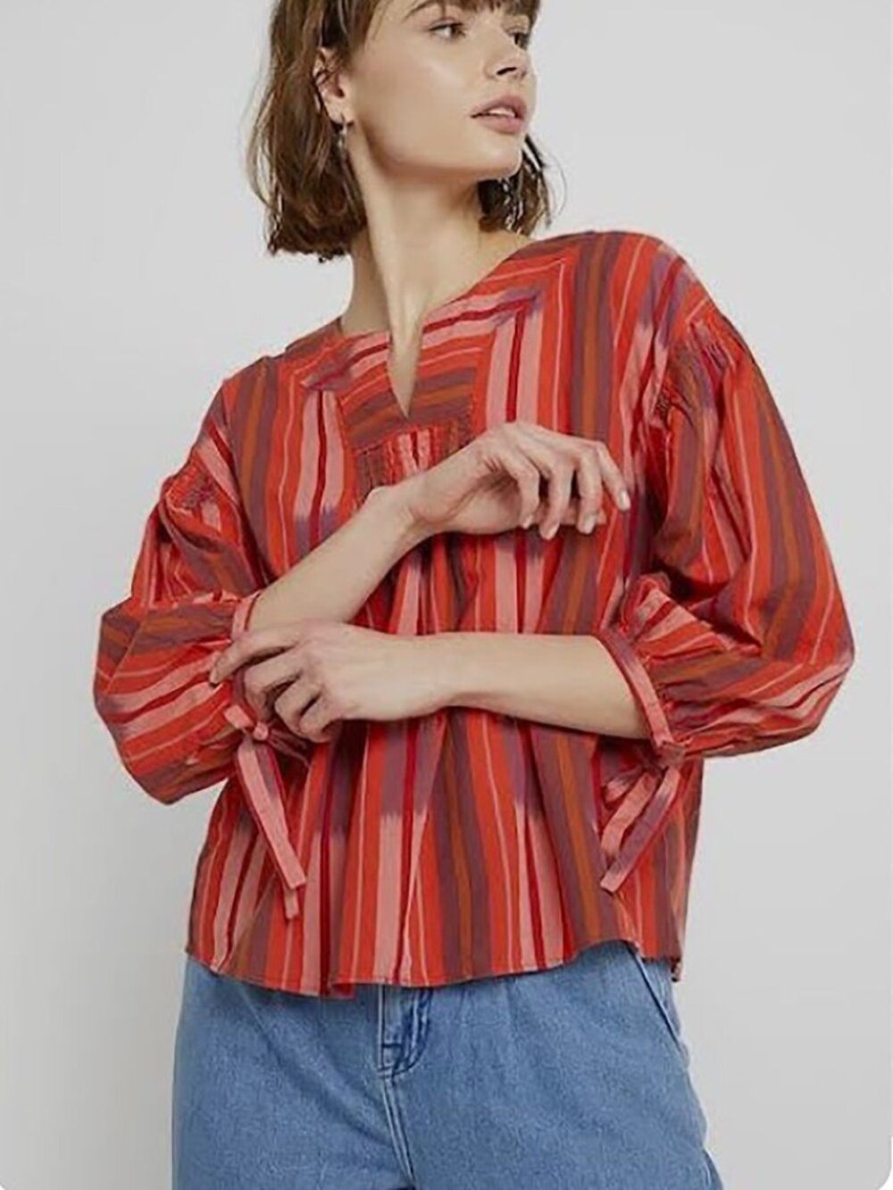 MADEWELL Ikat Peasant Popover Top – Red Stripe – Size S – NWT